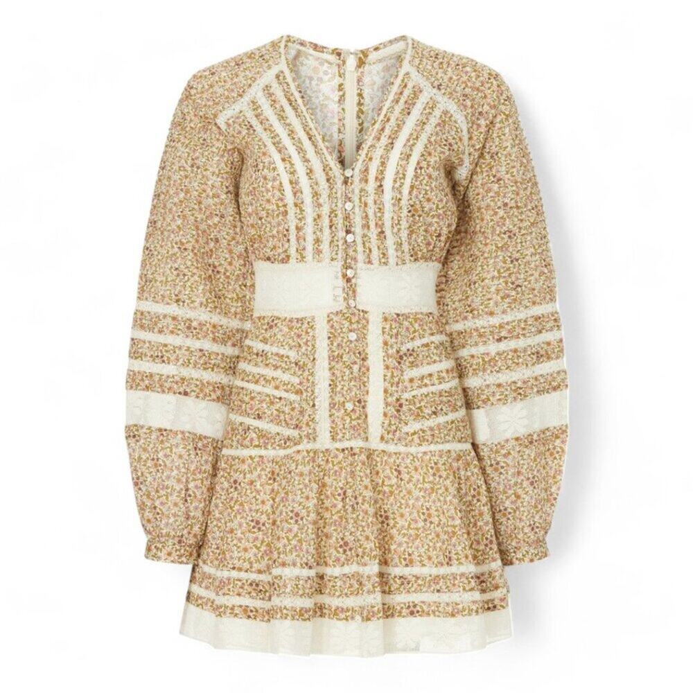 Veronica Beard Addilyn Floral Lace Trim Mini Dress Long Sleeve Beige Size 4